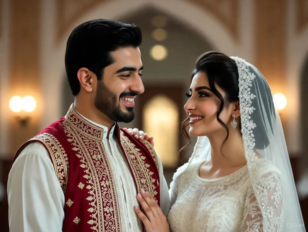 A joyful Muslim newlywed couple smiles at each other during their wedding ceremony in a warmly lit elegant hall with subtle Islamic patterns, capturing the essence of Islamic Marriage Wishes For Best Friend and Islamic Marriage Wishes For Brother.