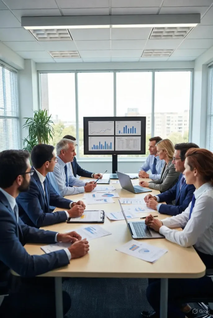 A diverse group of executives in a modern boardroom reviews financial charts and documents on a conference table while a screen shows data graphs related to make a wish ceo salary and How Make-A-Wish CEO Compensation Is Set (Form 990 Explained).