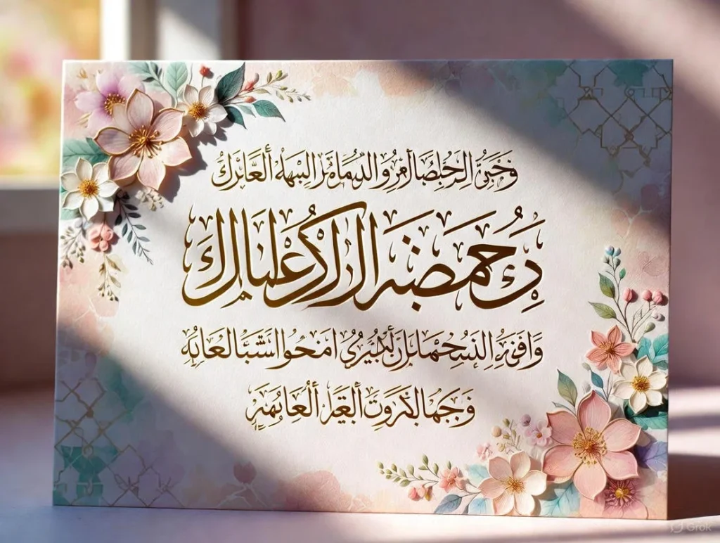 An elegant greeting card displays gold Arabic calligraphy for Islamic Marriage Wishes With Dua And Blessings, framed by delicate floral ornaments on a serene pastel background.