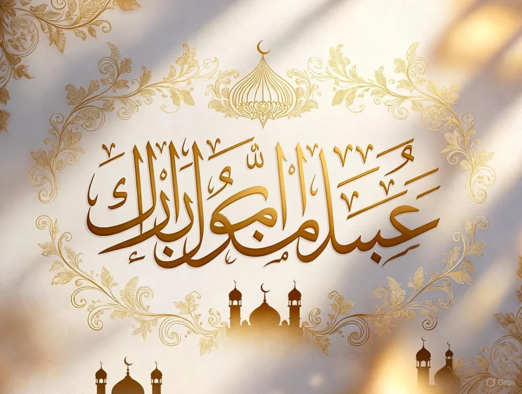 An elegant Islamic wedding greeting card displays Arabic calligraphy of a marriage dua amid gold floral designs and subtle mosque elements on a cream background for Islamic Marriage Wishes For Best Friend and Islamic Marriage Wishes For Sister.