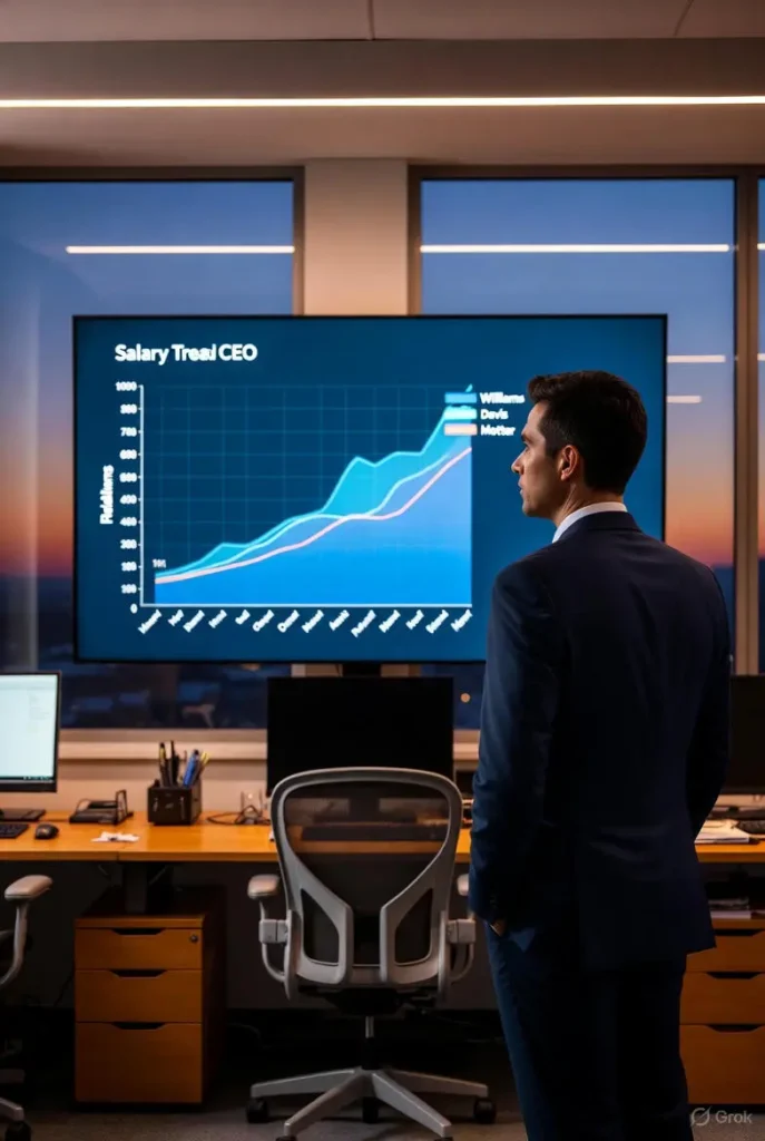 A professional in a modern office at dusk examines a large screen graph illustrating make a wish ceo salary trends over time for CEOs Williams, Davis, and Motter with distinct colored upward-trending lines.