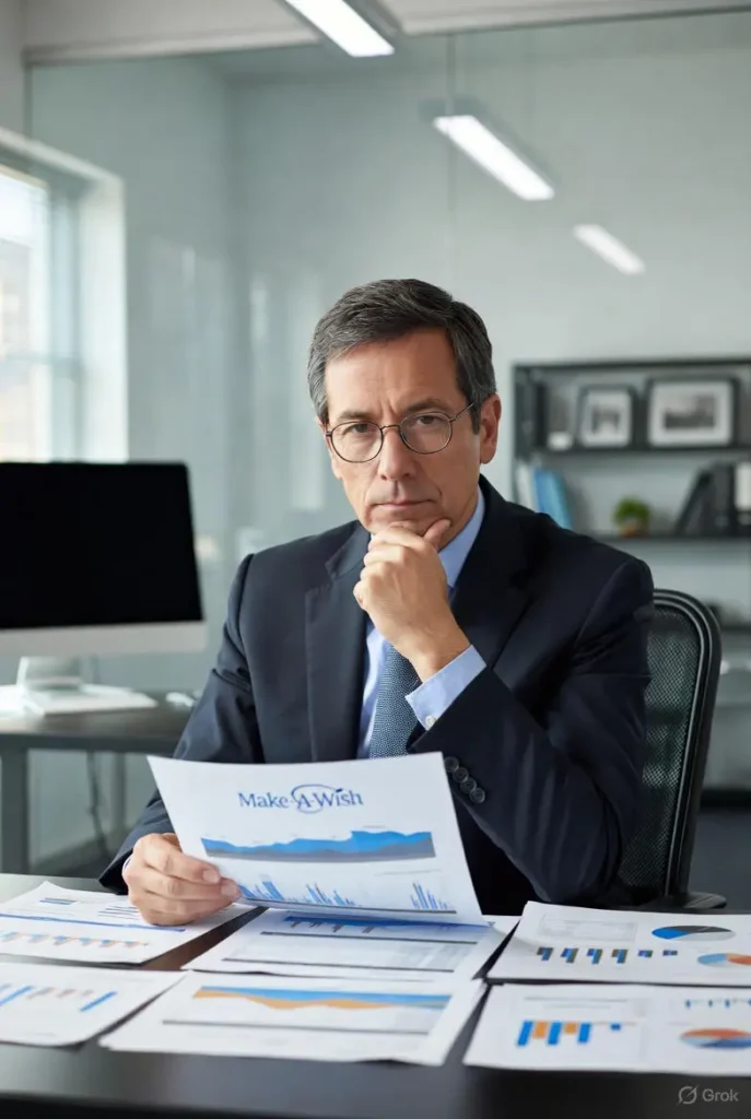 A professional modern office setting features a suited executive seated at a desk reviewing Make-A-Wish Foundation financial reports and charts under bright natural lighting, exploring make a wish ceo salary details in a realistic photorealistic style with How Much Does The CEO Of Make-A-Wish Make insights.