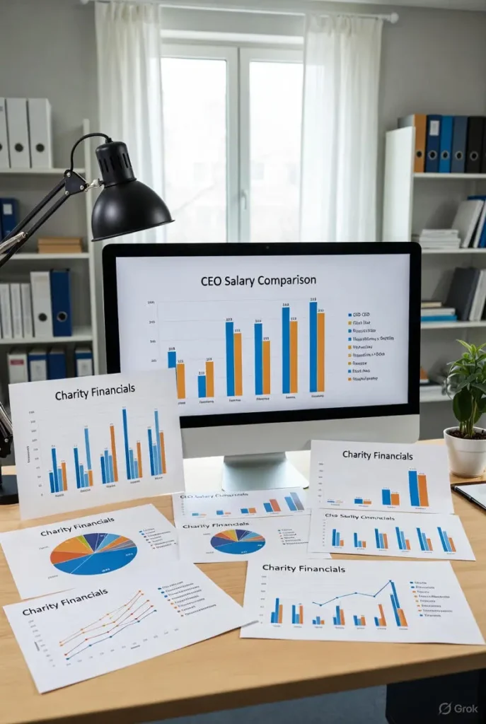 A modern office desk with a computer screen showing a bar chart comparing the make a wish ceo salary to salaries at other big charities, surrounded by printed financial reports and graphs under bright natural lighting.