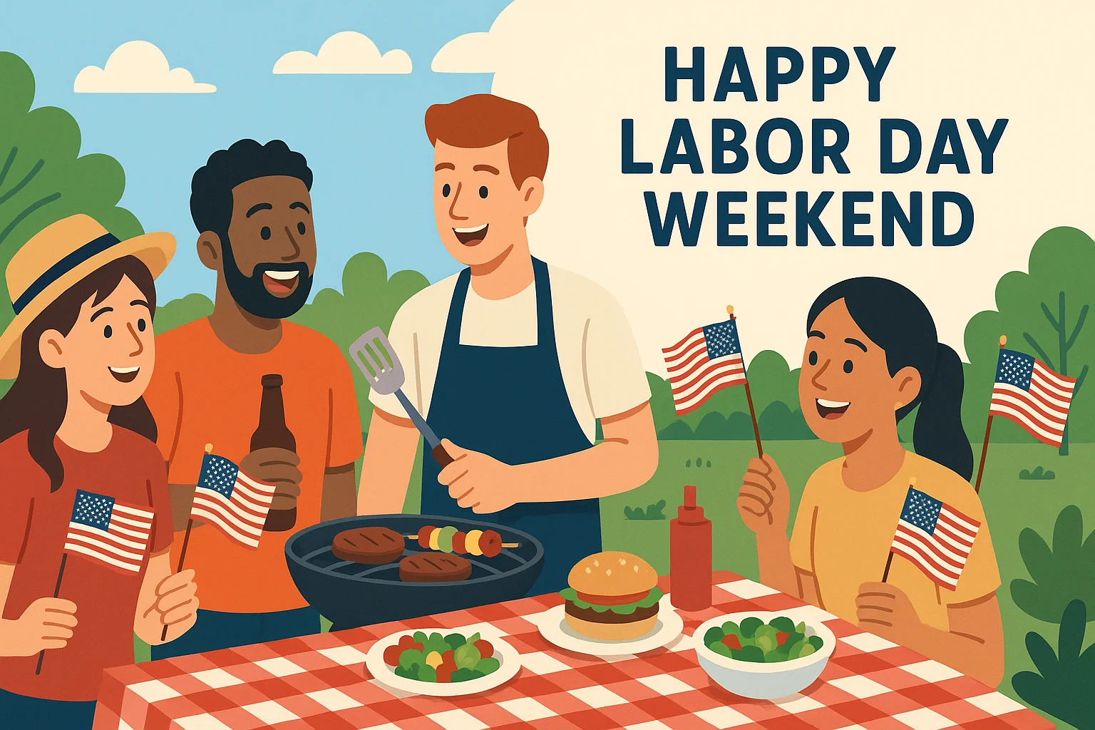 Friends and family enjoying a relaxed backyard Labor Day weekend cookout with flags and warm sunset light.