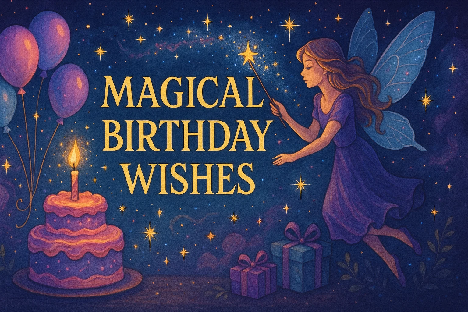 Illustrated birthday table with glowing cake, fairy lights, and friends surrounded by soft, magical stardust.