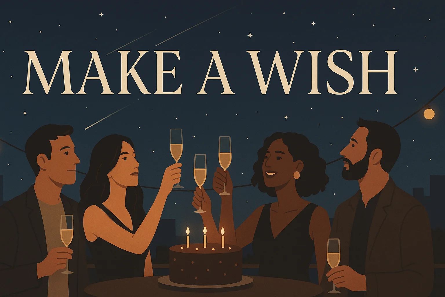 : Adults gathered around a birthday cake while one guest blows out candles and makes a wish.