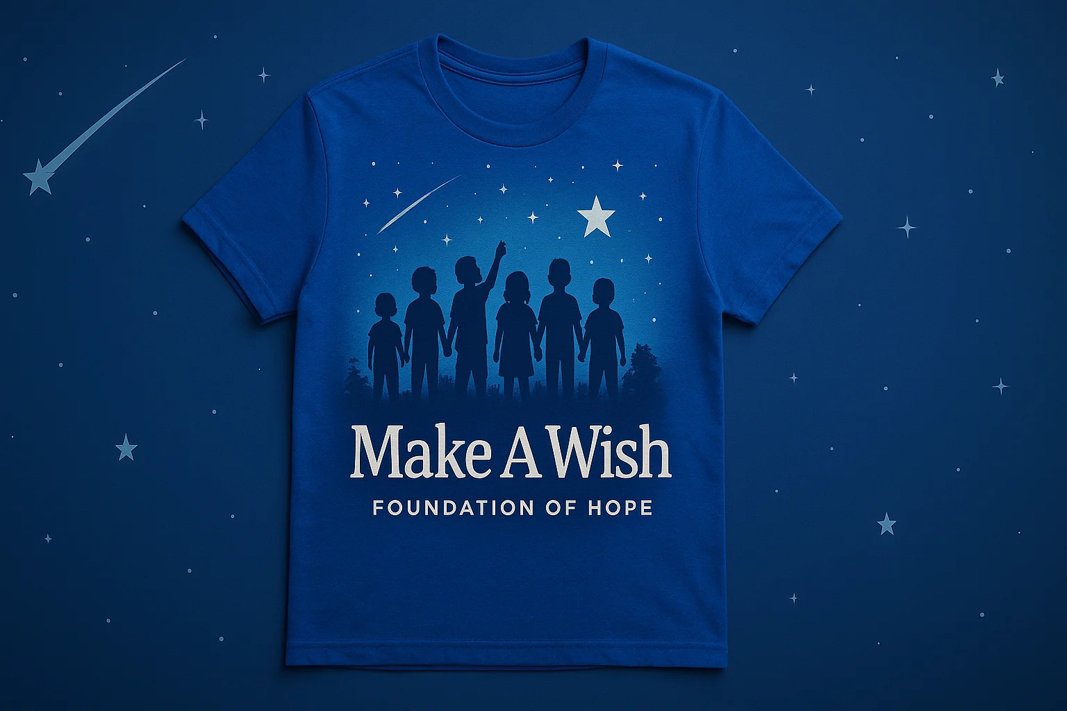 Volunteers and a child in blue Make-A-Wish shirts preparing folded charity t-shirts at an indoor fundraiser table.