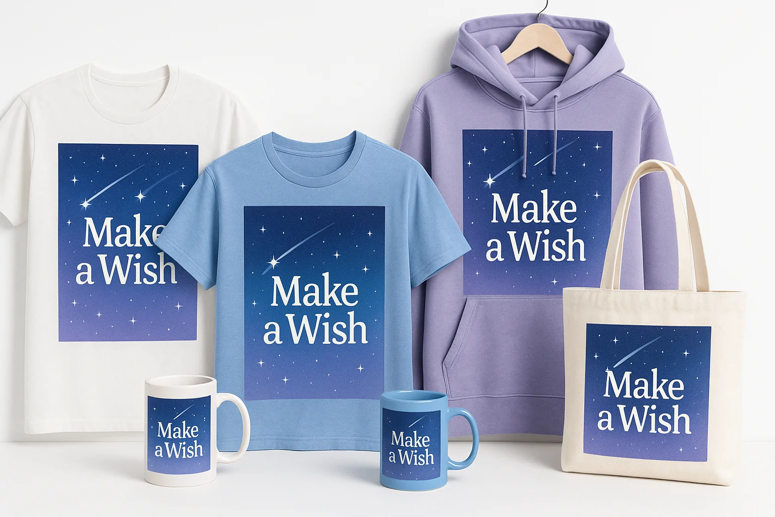 Flat lay of Make-A-Wish shirts, bracelets, and gift tags arranged beside a small donation box.
