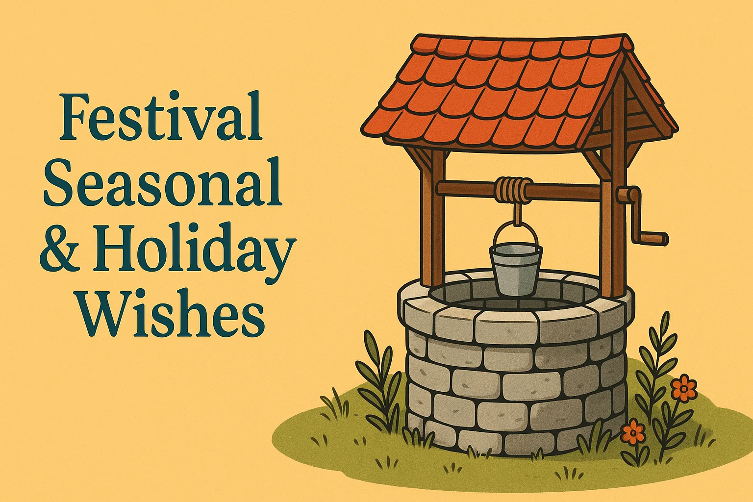 Vintage McCoy-style ceramic wishing well planter decorated with lights and greeting cards on a cozy sideboard.