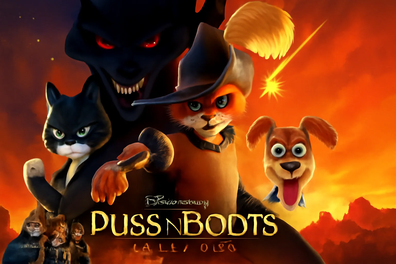 “Poster of Puss in Boots: The Last Wish hung over a couch in a cozy living room”