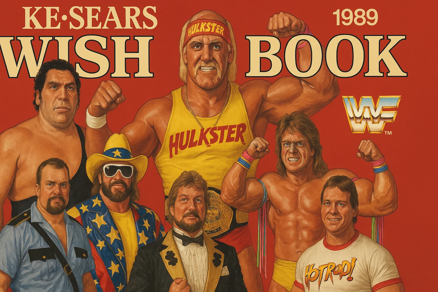 Vintage Sears Wish Book open to WWF wrestling toys on a cozy holiday table.