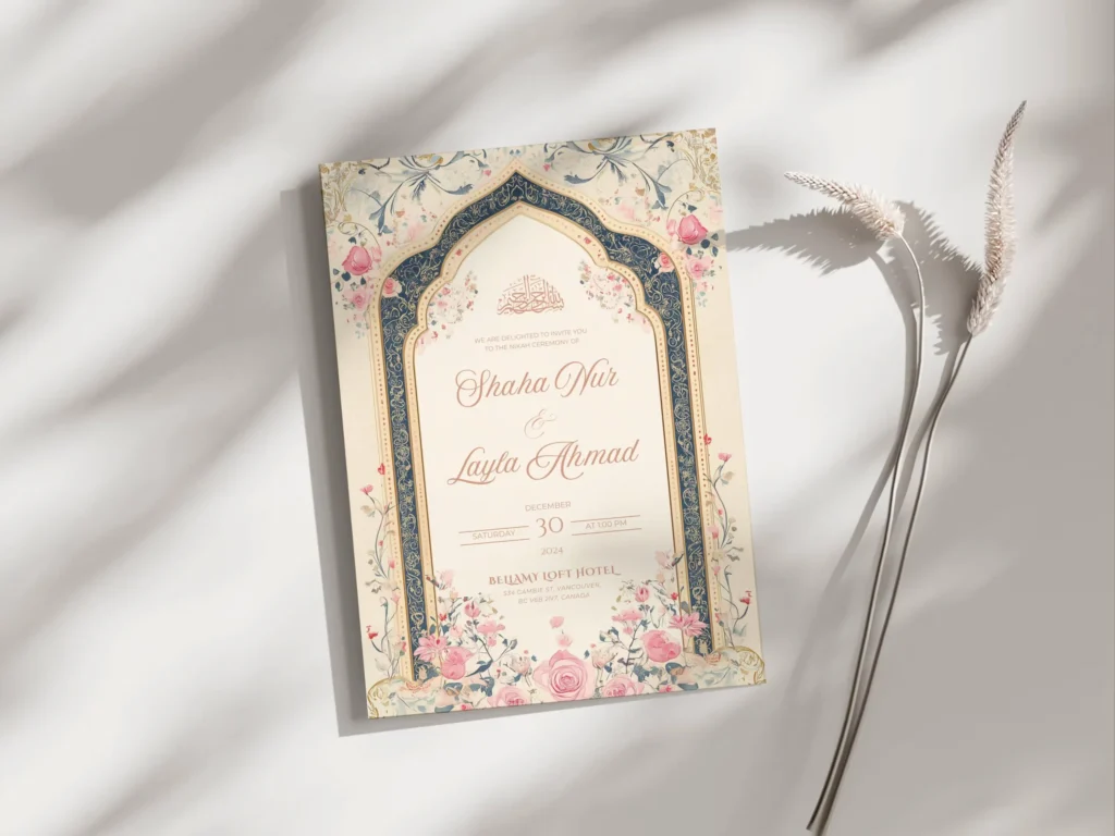 An elegant wedding invitation card featuring gold Arabic calligraphy and intricate floral designs on a teal and cream background captures the essence of islamic marriage wishes in English.