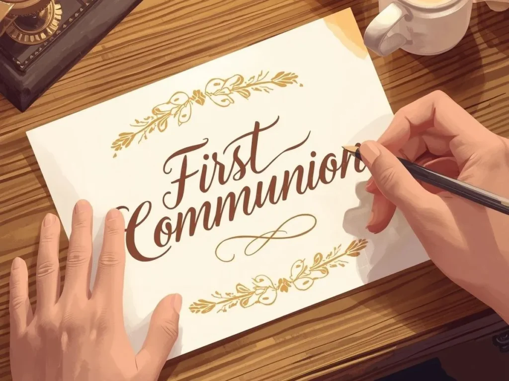 An open blank greeting card and pen on a tidy wooden desk beside a plain envelope and a simple book, with soft evening light.