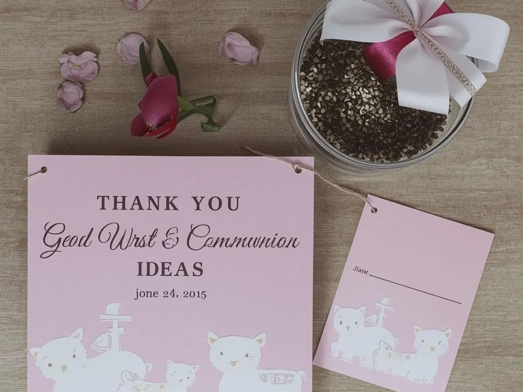 A blank thank-you card on a folder beside an open notebook, pen, and small plant in a softly lit home study nook.