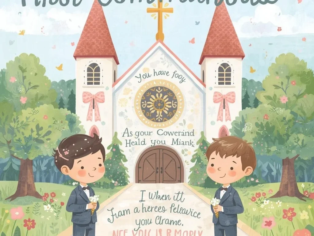 A blank First Communion greeting card beside a plain-cover Bible, pen, and small greenery on a softly lit library table.