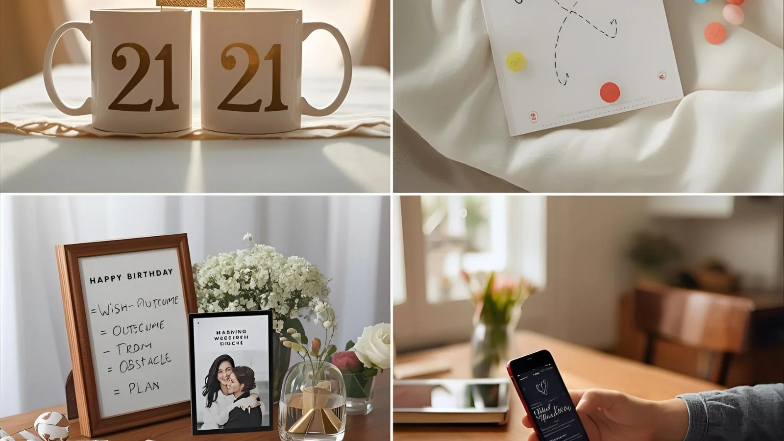 Flat-lay with “21” cake topper and birthday card for milestone wishes.