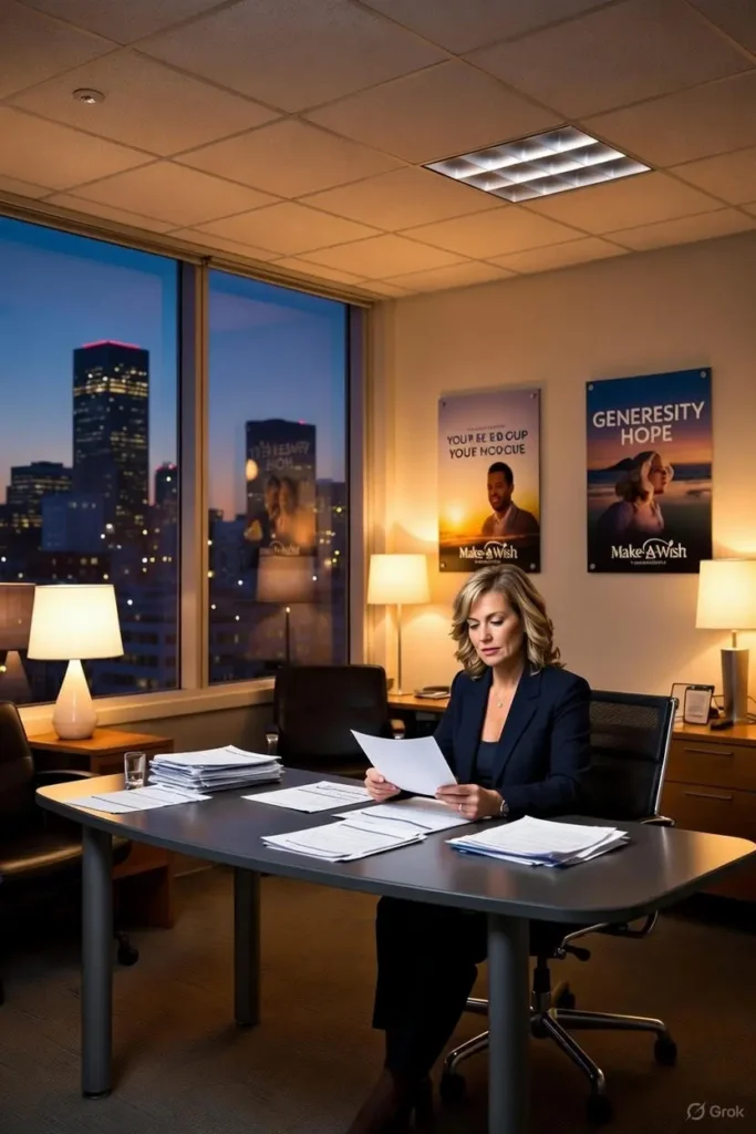 : In a modern executive office at dusk with warm lamp lighting and a city skyline through large windows, a professional woman resembling Leslie Motter in a navy blazer sits at a sleek desk reviewing stacks of financial documents and papers, flanked by Make-A-Wish inspirational posters on the walls, highlighting make a wish ceo salary aspects in Leslie Motter’s Make-A-Wish CEO Salary Today.