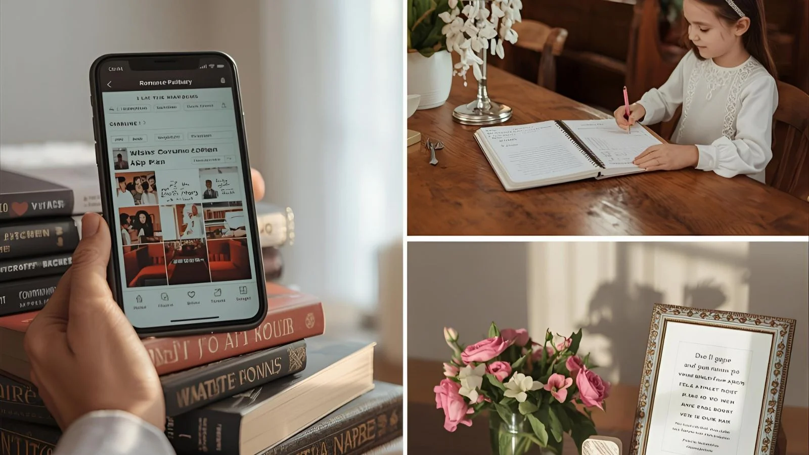Smartphone with romance novel library on screen beside paperbacks.