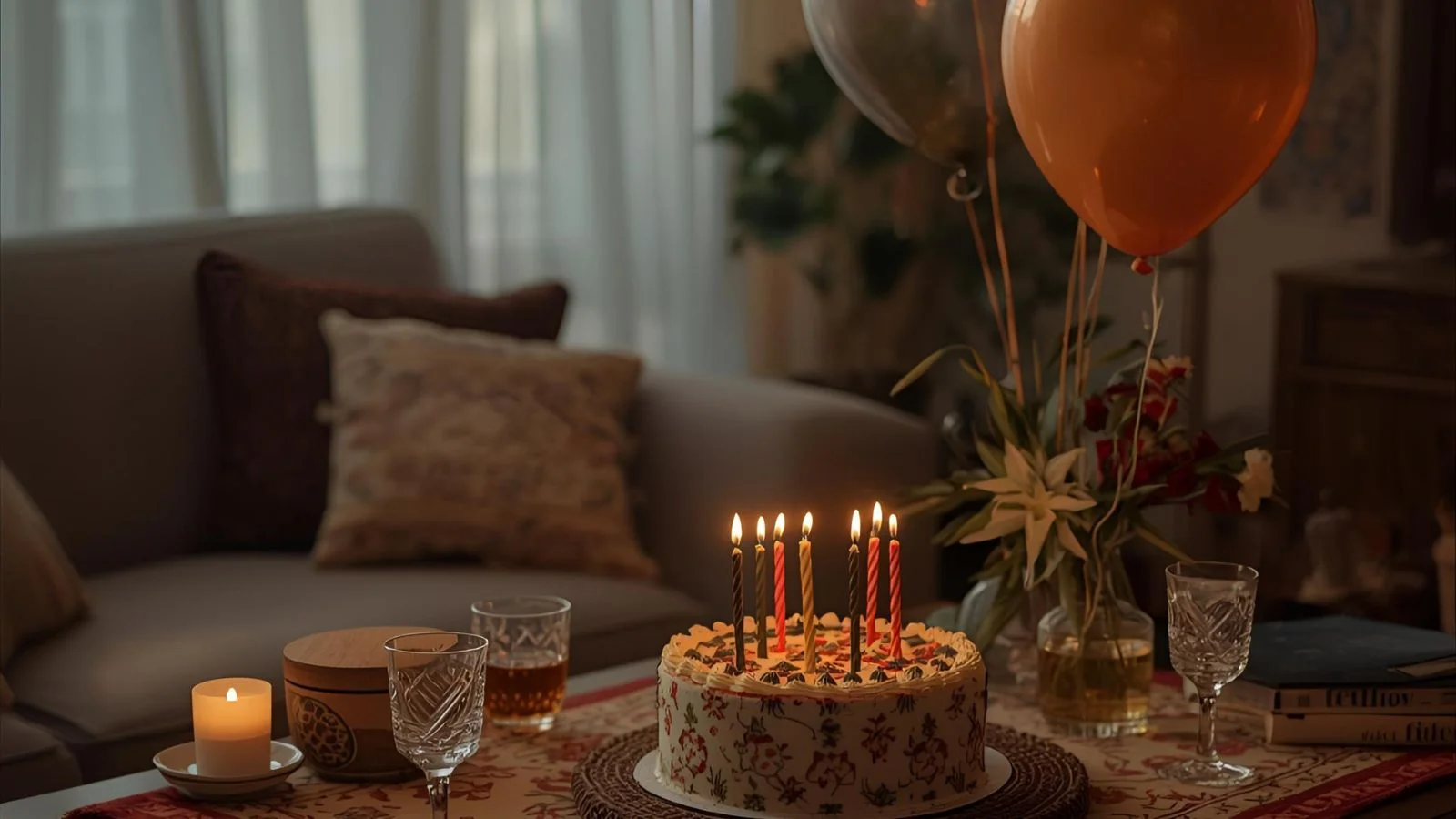 Birthday table with Persian-style cake, tea glasses, and balloons ready for an Iranian birthday celebration.