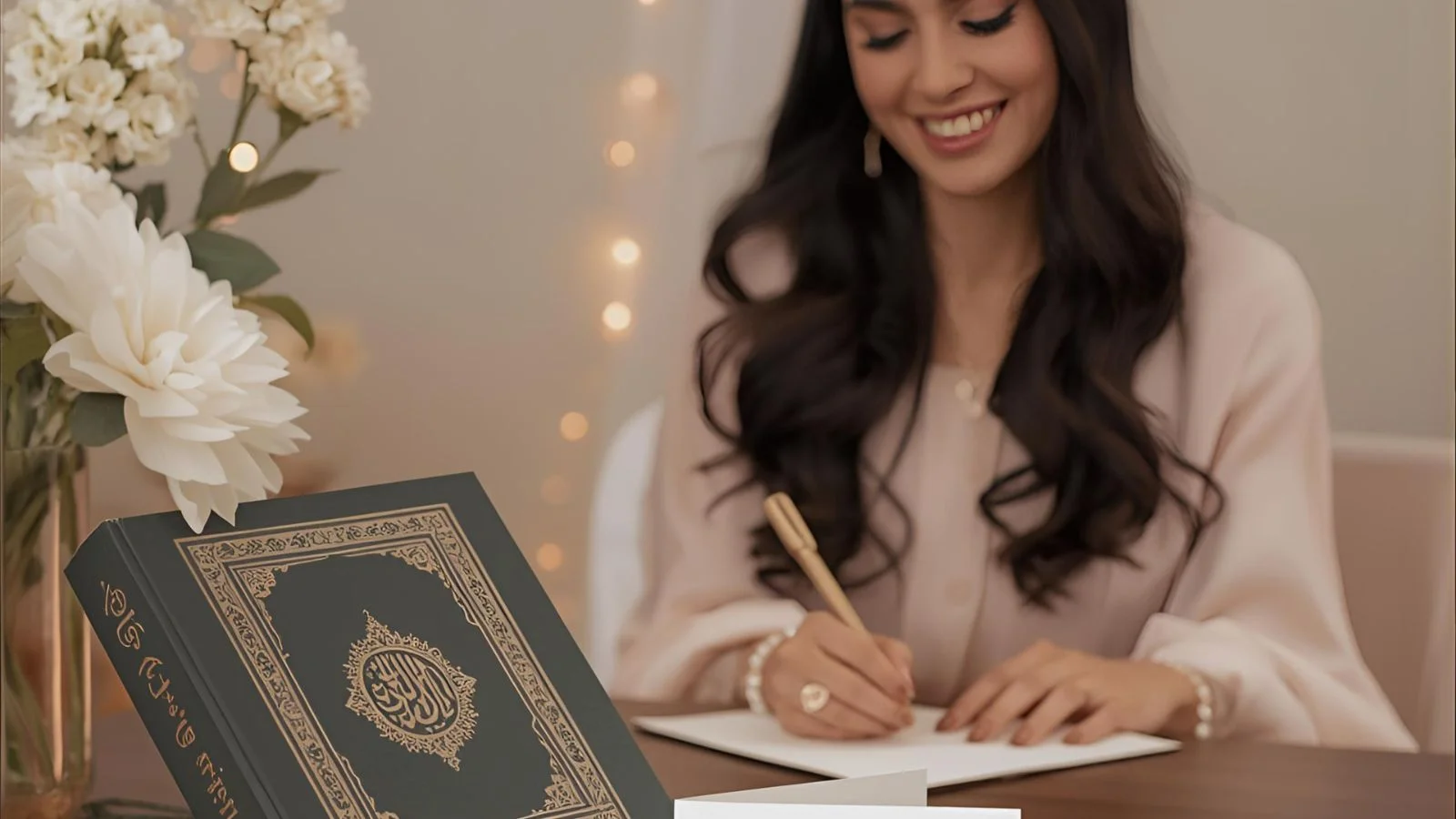 A smiling woman at a desk writing a birthday card for a young girl, with soft pastel decorations around her.