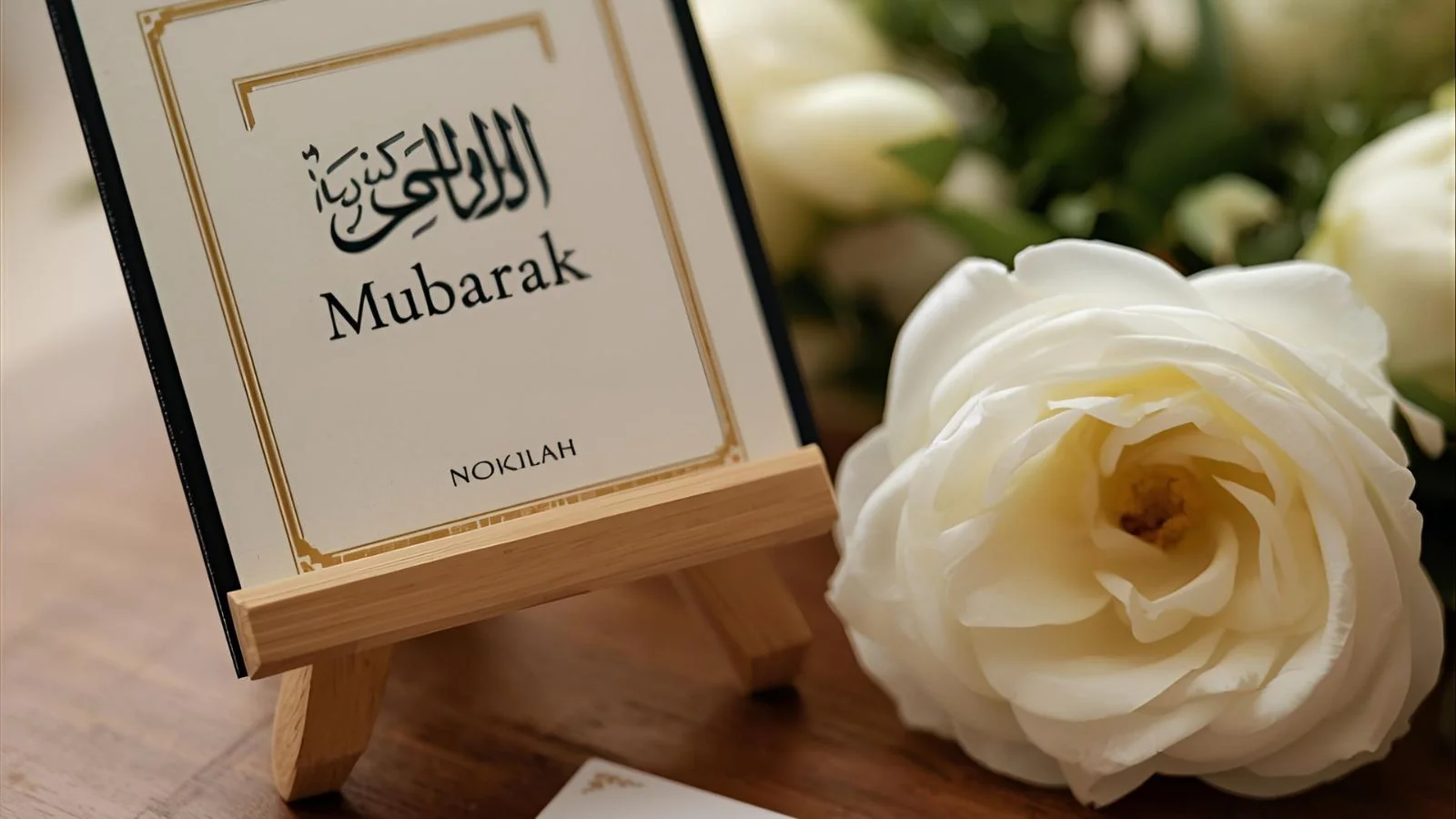 Simple Nikah setup with Quran, wedding rings, flowers, and a “Nikah Mubarak” card.