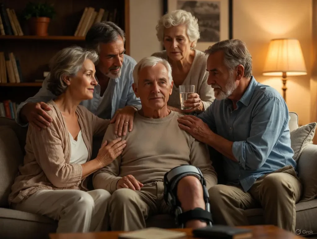 A caring family gathers around a person wearing a knee brace on a cozy living room couch, offering comforting touches and supportive presence in warm evening light, embodying things i wish i knew before acl surgery and Supportive Wishes For The First Week After ACL Surgery.