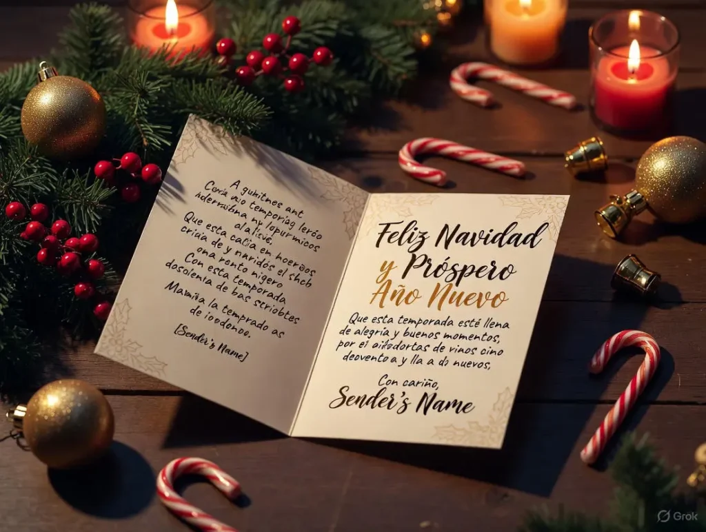 An open Christmas greeting card displaying Christmas card messages in Spanish like "Feliz Navidad y Próspero Año Nuevo" rests on a wooden table amid pine branches, berries, ornaments, and candy canes under warm candlelight.