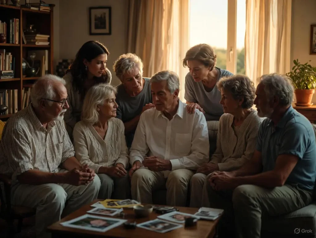 In a warmly lit living room during evening, family and friends gather supportively around a seated person, sharing caring wishes from family and friends before your ACL surgery as part of things i wish i knew before acl surgery.