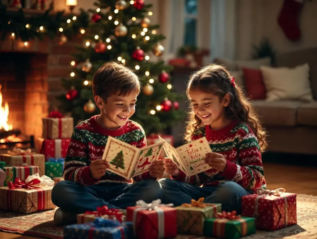 Two smiling young children sit on the floor in a cozy room with a decorated Christmas tree, holding and reading cards with christmas wishes in Spanish, including phrases like Feliz Navidad, amid wrapped presents for kids.