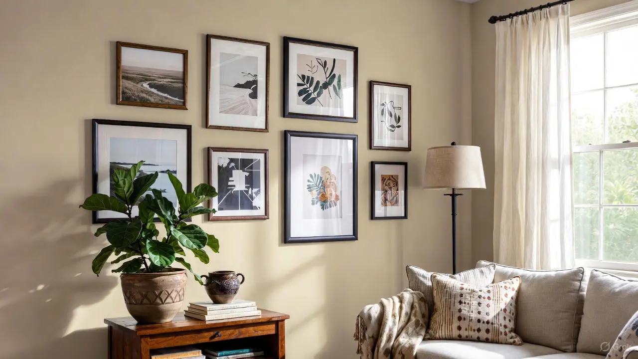A living room painted in Benjamin Moore's Wish AF-680, showcasing a peaceful and stylish home ambiance.