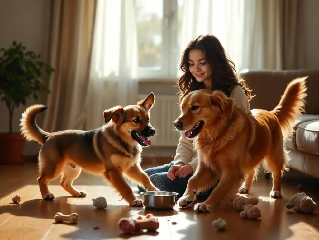 A woman sits on the living room floor watching her two dogs playfully interact amid scattered toys in a bright home setting, capturing reflections on what I wish I knew before getting a second dog and what I wish I knew before getting a second dog.