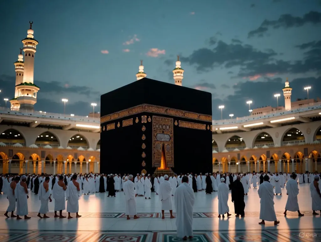 The majestic Kaaba stands centered in the grand courtyard of Masjid al-Haram in Mecca, surrounded by pilgrims in white ihram performing tawaf under soft evening light, ideal for sharing formal and respectful Umrah Mubarak greetings and Umrah Mubarak wishes