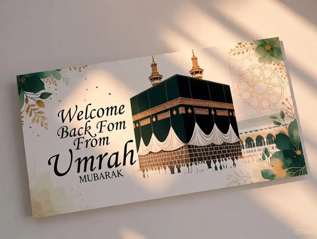The image displays an elegant greeting card with the Kaaba in the background, surrounded by Islamic patterns and florals, featuring prominent calligraphy text for Umrah Mubarak wishes and Welcome Back From Umrah Mubarak Wishes