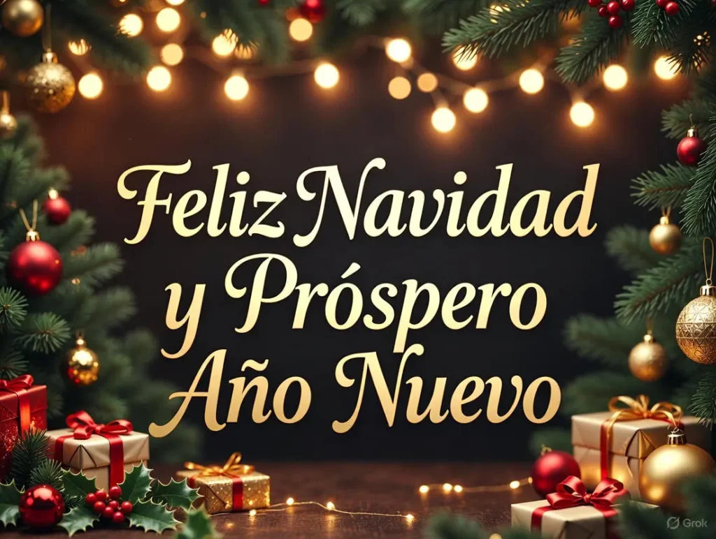 A festive Christmas greeting card displays elegant gold text reading "Feliz Navidad y Próspero Año Nuevo" amid holiday decorations like a glowing tree, gifts, and holly, perfect for christmas wishes in spanish to share as Christmas wishes in Spanish for friends.