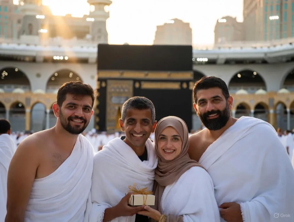 A group of friends in ihram attire stand together smiling warmly near the Kaaba in Masjid al-Haram, celebrating Umrah Mubarak wishes for friends with genuine joy and camaraderie.