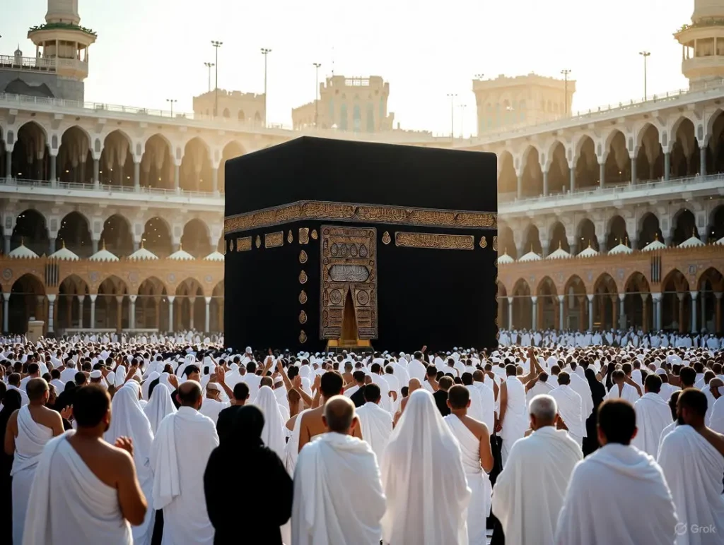 The Kaaba in Mecca's Grand Mosque is surrounded by pilgrims in ihram performing tawaf and raising hands in dua during Umrah Mubarak wishes, including Dua-Umrah Mubarak Wishes For Safe Journey.