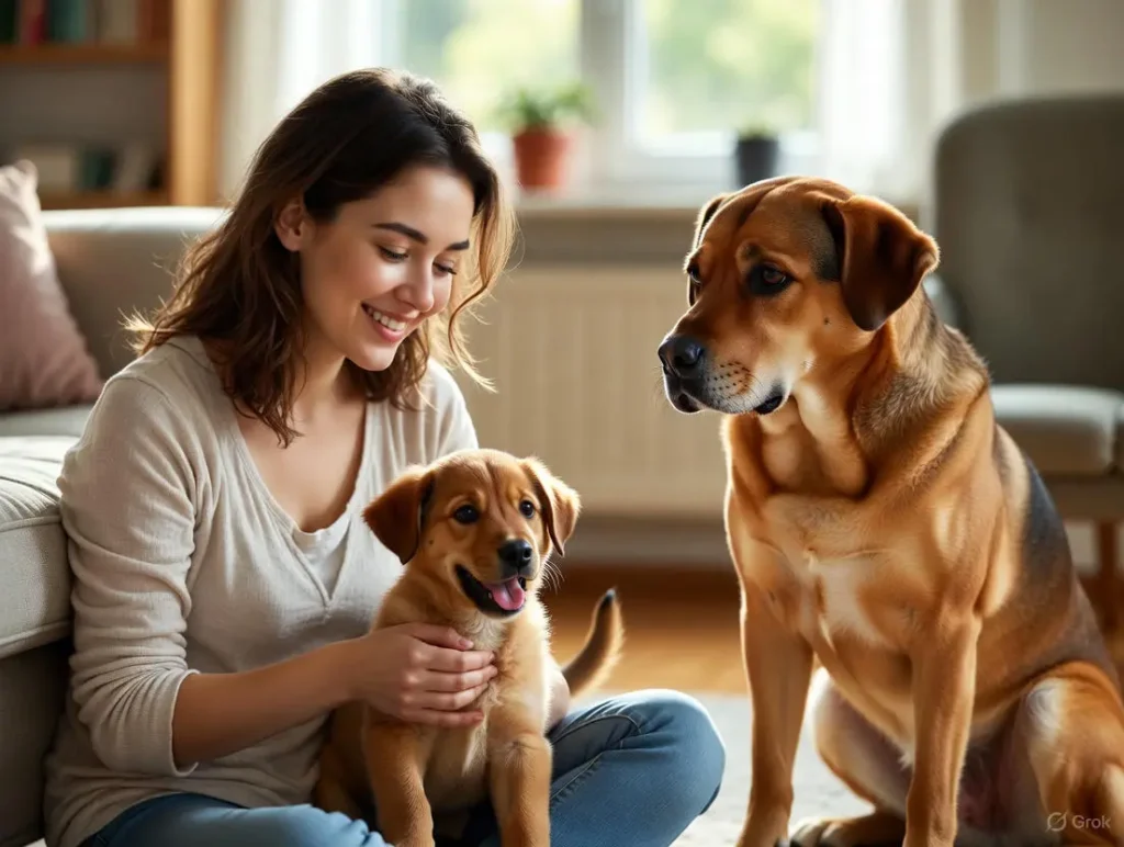In a cozy living room, a woman pets an excited puppy on her lap while the older dog sits apart looking dejected, highlighting what many owners wish they knew before getting a second dog and the challenges of understanding and avoiding "Second Dog Syndrome."
