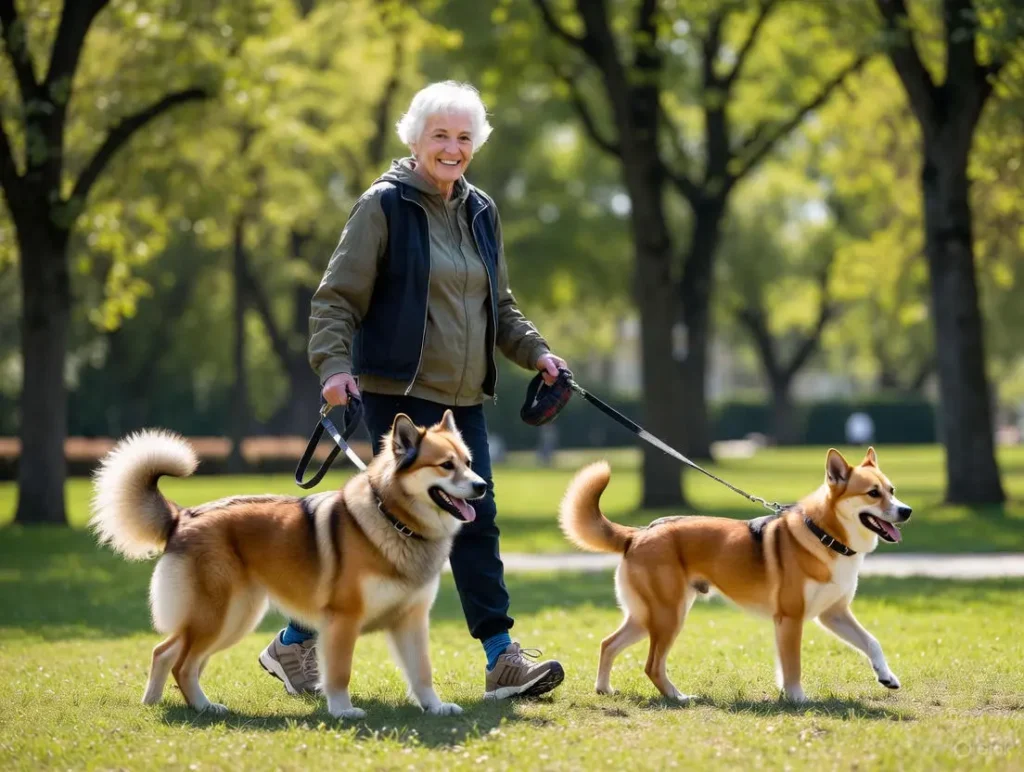 A person walks three dogs of different breeds together on a sunny park path, illustrating the timeline of how long until they're a true pack after what I wish I knew before getting a second dog.