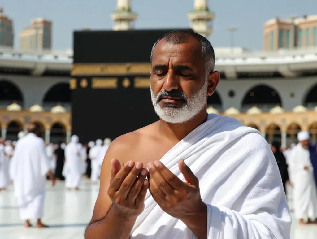 A devout pilgrim in white ihram raises his hands in sincere dua near the Kaaba in Mecca as part of heartfelt Dua-Based Umrah Mubarak Wishes for Umrah Mubarak wishes.
