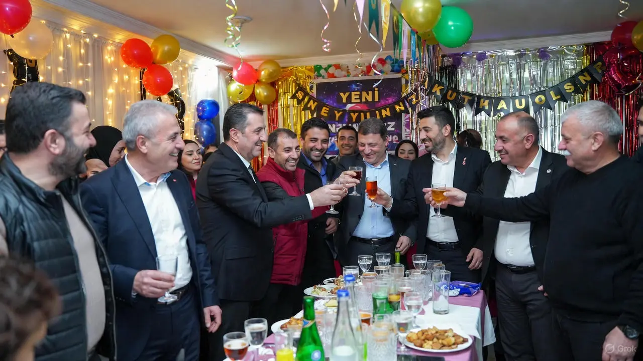 Glittering gold Turkish New Year's greeting "Yeni Yılınız Kutlu Olsun" on a festive blue background.