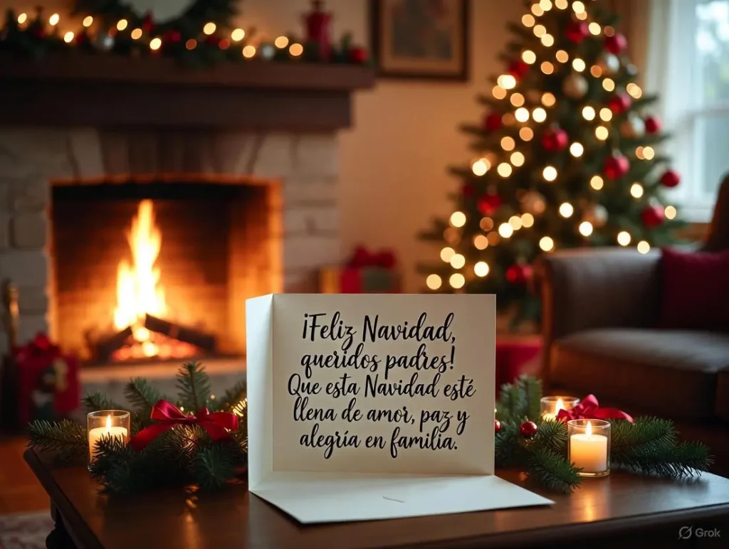 A warmly lit cozy Christmas living room shows an open greeting card on the coffee table featuring christmas wishes in Spanish for parents in elegant calligraphy, surrounded by a glowing fireplace, decorated tree, and festive pine branches with candles.