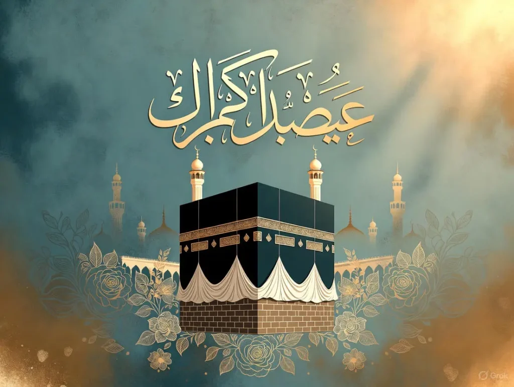 An elegant Islamic greeting card displays the Kaaba in Mecca with golden Arabic calligraphy for Umrah Mubarak wishes and short and simple Umrah Mubarak messages, accented by floral patterns and mosque elements on a teal-gold gradient background.