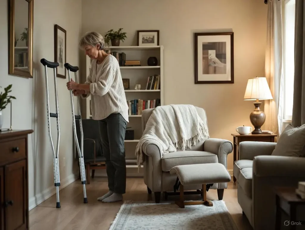 A person in a cozy living room arranges essentials on a coffee table and positions crutches nearby while a recliner chair with a blanket waits in the foreground, illustrating things i wish i knew before acl surgery and Thoughtful Wishes About Preparing Your Home Before ACL Surgery.