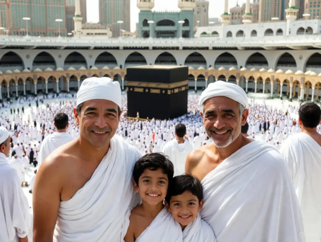 A joyful Muslim family in ihram attire performs Umrah pilgrimage around the Kaaba in Mecca, capturing heartfelt Umrah Mubarak wishes for family.