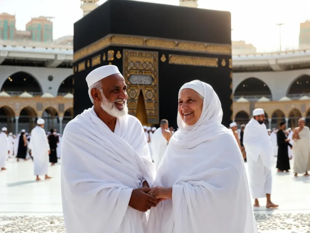 An elderly Muslim couple in ihram attire stands hand-in-hand with joyful faces in front of the Kaaba in Mecca as part of their Umrah Mubarak wishes for parents.