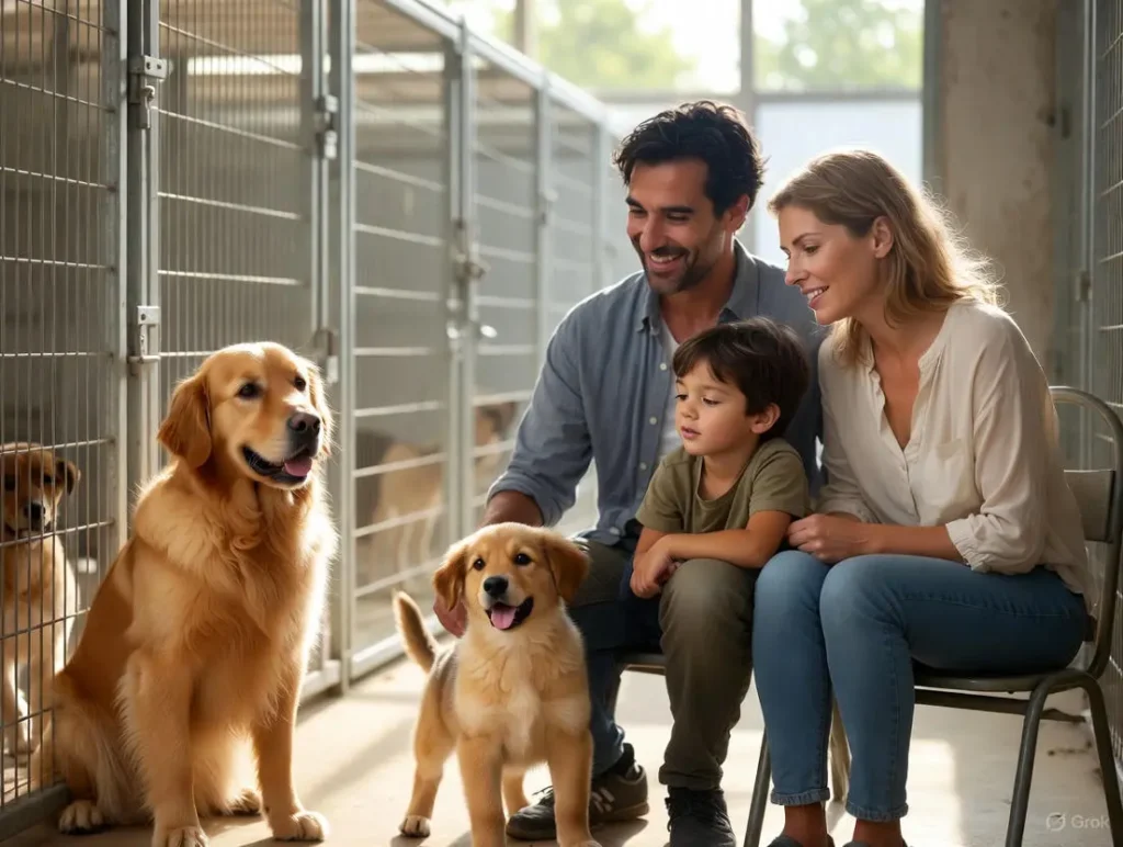 A family with their calm adult golden retriever carefully evaluates an energetic young puppy of the opposite gender in a shelter kennel while choosing their second dog with attention to age, gender, and temperament, reflecting on what they wish they knew before getting a second dog.