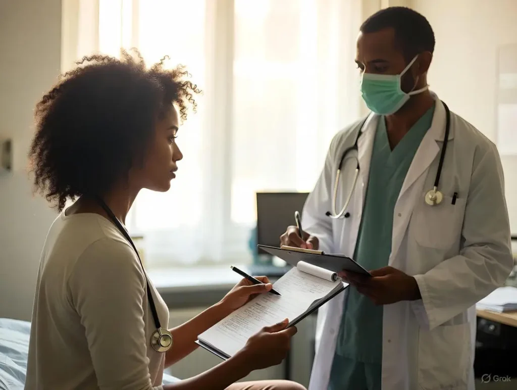 A patient seated in a well-lit medical office holds a notepad with written questions while attentively discussing with a surgeon in a white coat, embodying things i wish i knew before acl surgery and Questions To Ask Your Surgeon Before ACL Surgery (Empowering Wishes).
