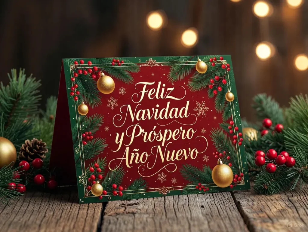 An elegant Christmas greeting card on a wooden table displays long and heartfelt Christmas wishes in Spanish with "Feliz Navidad y Próspero Año Nuevo" in gold calligraphy amid pine branches and ornaments.