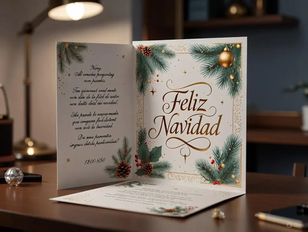 An elegant open Christmas greeting card with a pine-framed "Feliz Navidad" design on the front sits on a wooden desk, conveying professional Christmas wishes in Spanish alongside subtle holiday decorations.