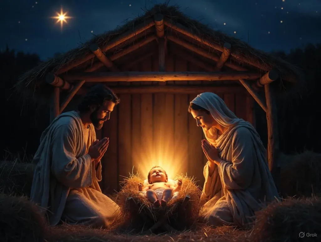 A serene Nativity scene shows the baby Jesus in a manger illuminated by divine light, with Mary and Joseph in a stable under the Star of Bethlehem, evoking religious Christmas wishes in Spanish for christmas wishes in spanish.